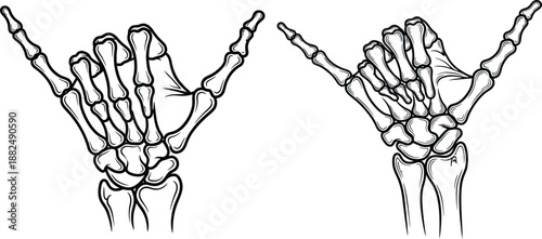 Skeletal hand making a shaka or hang loose gesture, presented with detailed bone structure
