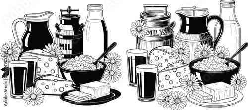 Traditional dairy farm products including milk, cheese, and butter with fresh daisies