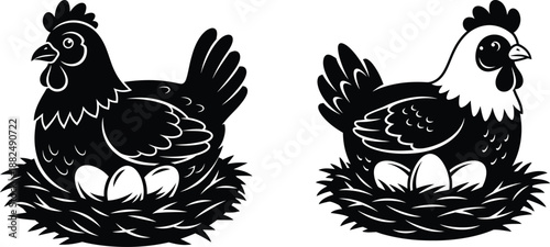 Traditional farm animal vector showing a chicken on her nest, suitable for rustic designs