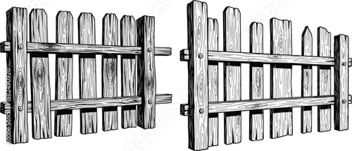 Two rustic wooden fence sections showing individual planks and natural wood grain texture