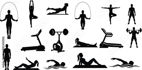 Various fitness activities and gym equipment silhouettes featuring active people exercising, ideal for health applications