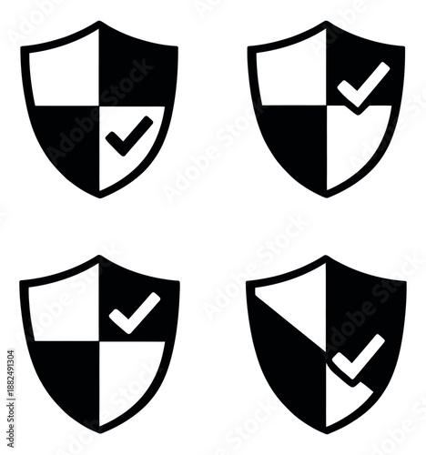 Graphic security icon set featuring checkmark shields for data protection and cyber security