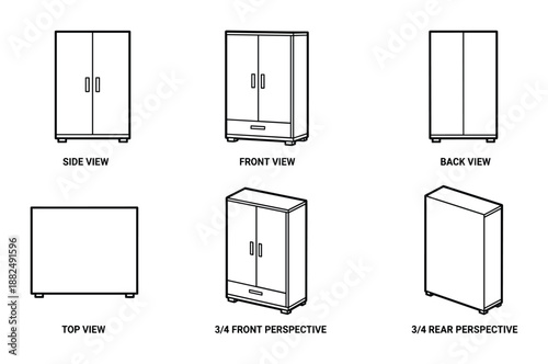 Wardrobe plan view in front side back and perspective vector design drawing for dieline