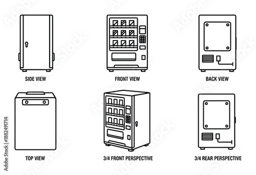 Vending machine blueprint various views side front back top perspective vector isolated on background