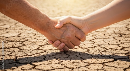 Hands clasped firmly together in a gesture of shared commitment, situated low over the rough, cracked, foundational soil, beginning, dry, future