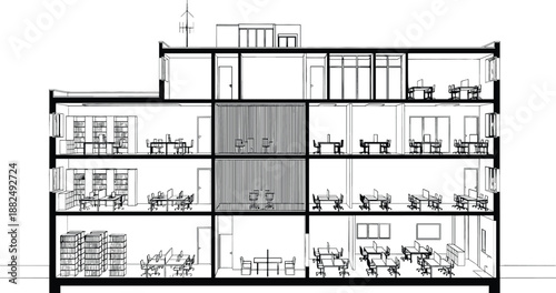 Detailed architectural section vector featuring four levels of open-plan office space, high-density archives, and rooftop utility systems.