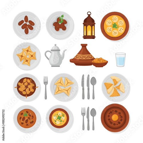 Assorted Middle Eastern Dishes and Utensils.