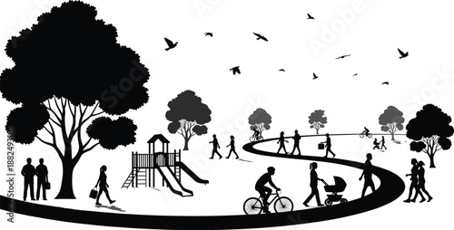 Black public park silhouette set with people walking cycling and playing near trees isolated on white background for urban recreation,