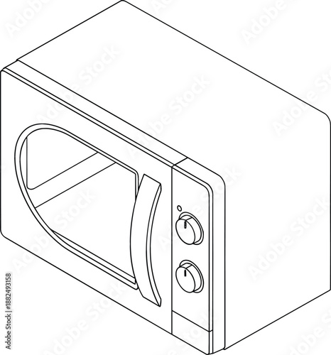 Detailed isometric line-art vector of a modern microwave oven featuring a large viewing window and tactile control knobs.