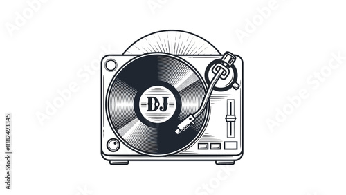 Retro DJ turntable with vinyl record playing music, vintage audio equipment illustration