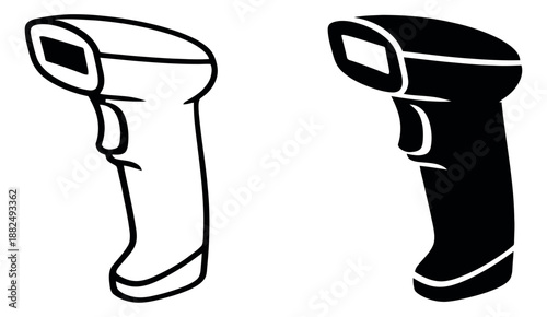 Line art and silhouette barcode scanner set featuring outline and solid black designs for retail and inventory operations