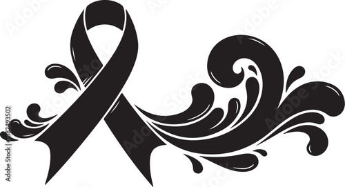 Black awareness ribbon with elegant floral design elements