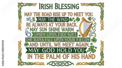 Irish Blessing calligraphy with harp and shamrocks traditional Celtic knot border a wish for good fortune and protection perfect for St Patricks Day