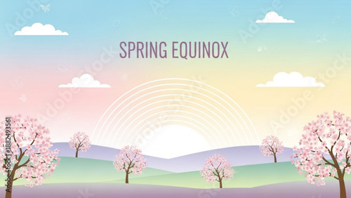 Spring equinox landscape with blooming cherry blossom trees and a soft sunrise representing new beginnings and seasonal change