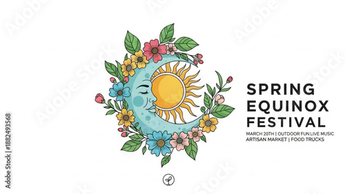Spring Equinox festival graphic with sun and moon illustration surrounded by flowers and leaves for seasonal celebration and event promotion