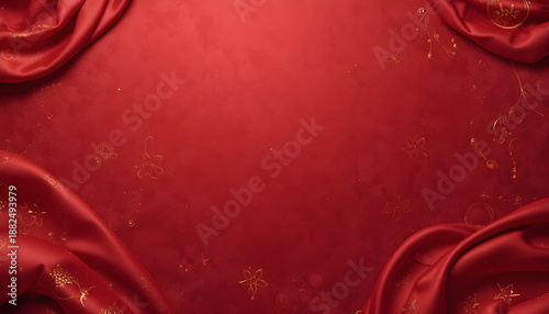 red velvet background with copy space, A luxurious red fabric background with gold accents and elegant folds