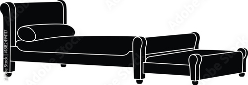 Black silhouette of a classic daybed with a pull out trundle bed and bolster pillow, isolated on a white background.