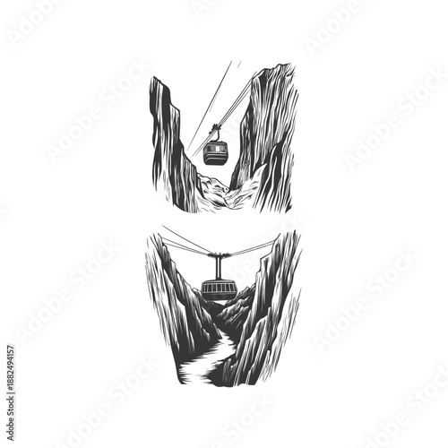 Vintage engraving of a cable car gondola lifting between high mountain peaks.