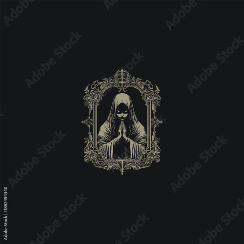 Gothic illustration of a praying woman in a veil inside an ornate red floral frame.