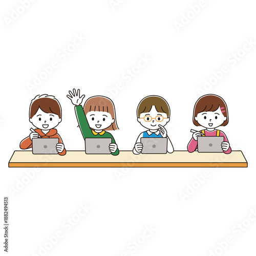 机に向かってタブレット端末で勉強する子どもたちのイラスト