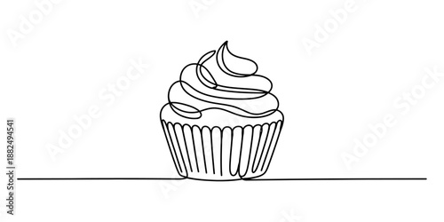 Minimalist continuous line drawing illustration of a cupcake with frosting on a white background Vector, illustration