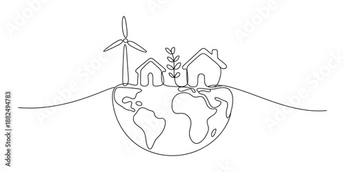 Continuous line drawing illustrating sustainable living with green energy on earth Vector, illustration