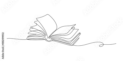 Continuous single line drawing of an open book with pages turned, representing education and knowledge Vector, illustration