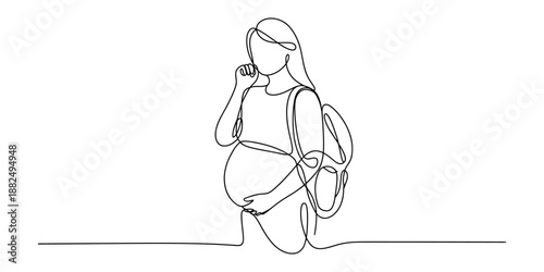Continuous line art illustration of a thoughtful pregnant woman carrying a backpack Vector, illustration