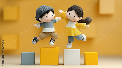 cartoon illustration of children playing toy bricks in the fantasy world