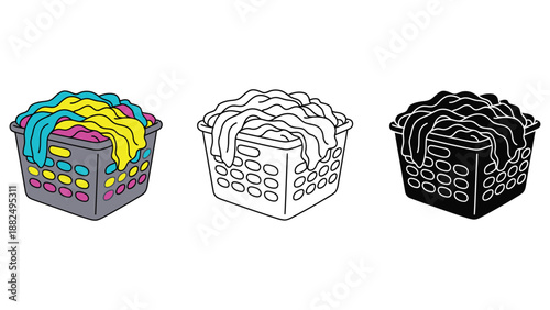 Three laundry baskets with clothes in different colors and styles