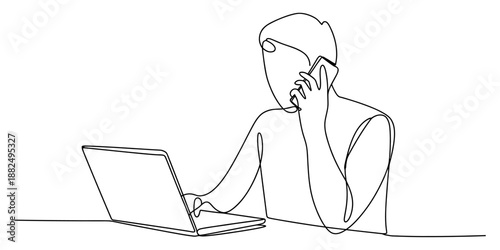 A person simultaneously works on a laptop and talks on a mobile phone in a continuous line art style. Vector, illustration