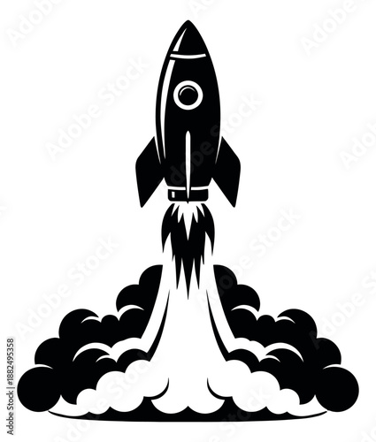 Stylized graphic illustration of a rocket launching for startup success