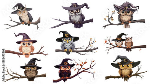 Cute cartoon owl wearing witch hat sitting on tree branch