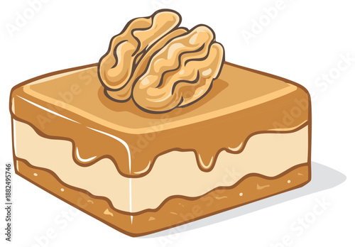 Square caramel layered dessert with a whole walnut topping vector illustration