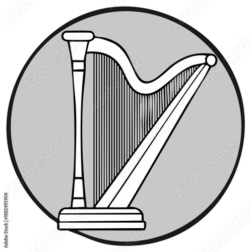 Celtic Harp Outline Illustration on Gray Round Background for Music or Irish Culture