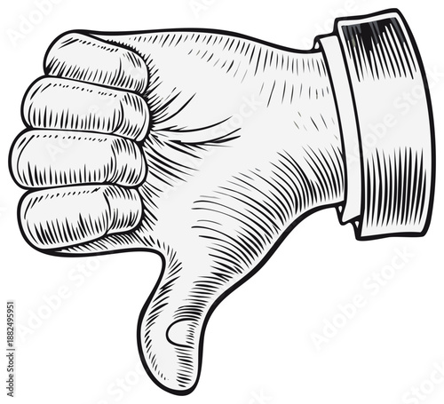 Hand with Thumbs Down in Vintage Style Illustration, Negative Feedback, Disapproval, and Rejection
