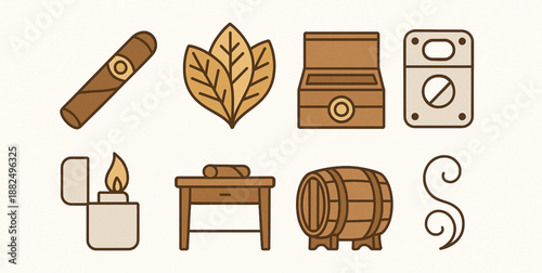Cuban Cigar Culture Luxury Flat Vector Icon Set
