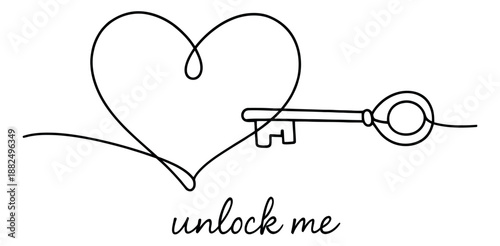 Hand drawn line art illustration of a heart and key depicting a symbolic unlocking for love and relationship concepts