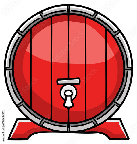 Cartoon Style Red Wooden Barrel Illustration Wine Making Equipment Storage Container Keg Tapping Spout