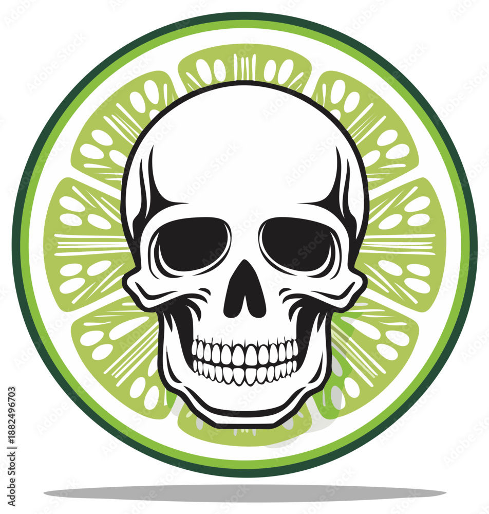 Fototapeta premium Skull icon over sliced lime shape. Vector illustration of death, toxicity and danger in a minimalist style. Symbol of poison and dangerous ingredients.