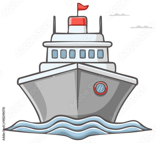 Cartoon Passenger Ship Sailing on Water with Red Flag - Nautical Vessel Illustration