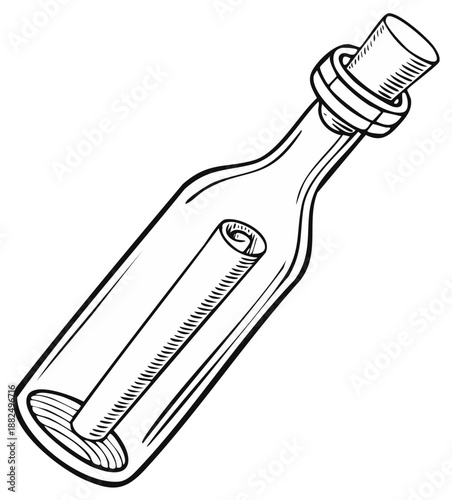 Hand drawn illustration of a glass bottle with a rolled up message inside sealed with a cork stopper communication concept