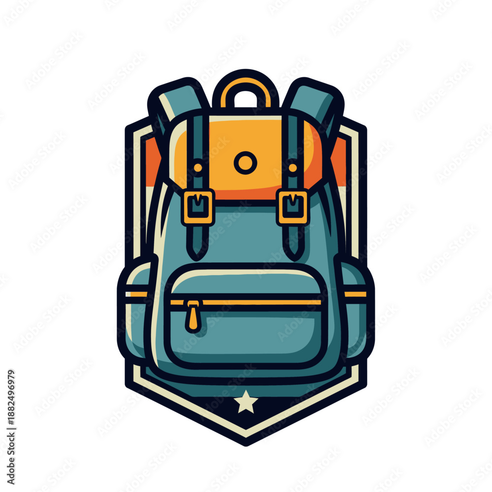 Fototapeta premium Stylish illustrated backpack emblem with detailed straps and badges for