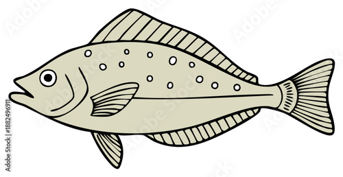 Stylized Flatfish Drawing with Dots Seafood Graphic Design Illustration