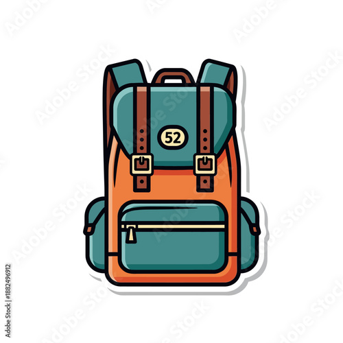 Illustration of a modern outdoor hiking backpack with multiple compartments