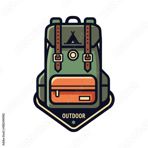 Stylized outdoor hiking backpack badge with camping tent icon and adventure