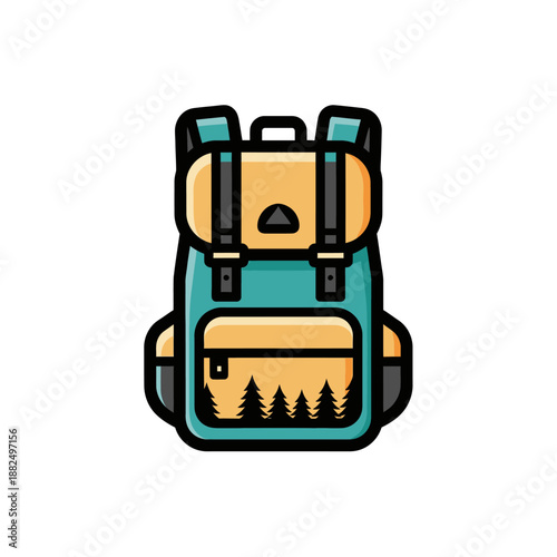 Stylized cartoon hiking backpack with trees and outdoor gear for nature lovers