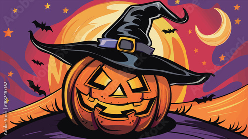Cartoon style happy pumpkin wearing witch hat for Halloween