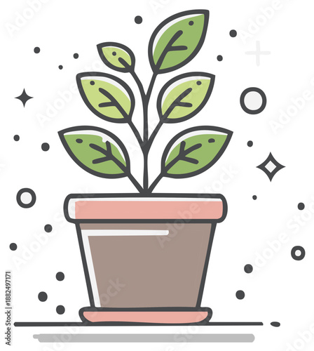 Growing Green Plant in a Pot Illustration: Young plant with leaves in a pot, seedling, nature, growth, hope, development, simple clean line art