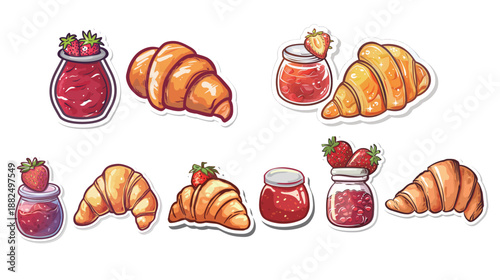 Cartoon vector sticker of a golden flaky croissant paired with coffee isolated on white background